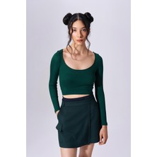 Naar Kadın Slim Fit Geniş U Yaka Örme Uzun Kollu Crop Body Üst