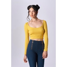 Naar Kadın Slim Fit Geniş U Yaka Örme Uzun Kollu Crop Body Üst