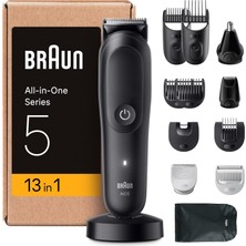Braun AIO5565 All-In-One Series 5, 13'ü 1 Arada Çoklu Saç Kesme Makinesi, Yüz, Baş ve Vücut Için, Sakal Düzeltici, Burun Kılı Düzeltici, 120 Dakika Pil, 14 Uzunluk (3 – 21 Mm), Su Geçirmez, Siyah