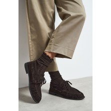 Nişantaşı Shoes Katy Bitter Kahve Süet Deri Bağcık Detay Kadın Loafer Ayakkabı