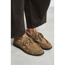 Nişantaşı Shoes Katy Rome Bej Süet Deri Bağcık Detay Kadın Loafer Ayakkabı