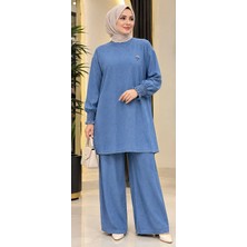 Doqu Kadın Beli Lastikli Geniş Paça Pantolonlu ve Kolları Fırfırlı Kot Ikili Takım Mavi