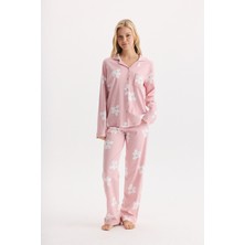Etoile %100 Pamuk Kumaş Uzun Kol Önden Düğmeli Çiçek Desenli Gömlek Yaka Pijama Takımı 27302-27303