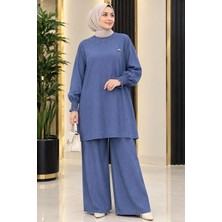 Doqu Kadın Beli Lastikli Geniş Paça Pantolonlu ve Kolları Fırfırlı Kot Ikili Takım Mavi
