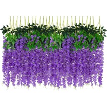 24'lü Paket Yapay Wisteria Çiçek Sahte Ipek Çiçekler Ip Asma Ratta Asılı Garland Ev Bahçe Parti Düğün Fonu Kemer Dekoru (Mor)