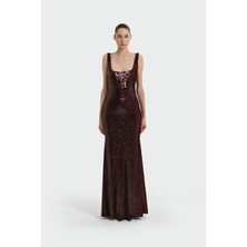 Cercis CERCİS Kadın Kare Yaka Payetli Maxi Boy Abiye Elbise M26YCR001378