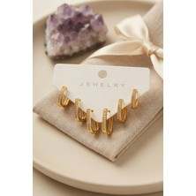 Sepetini Doldur Gold Renk Zirkon Taşlı Pirinç Kare Model Halka Kadın Küpe Seti