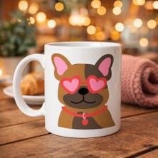 Bezos Sevimli French Bulldog Desenli Porselen Kupa Model 48 – Kalpli Gözlüklü Köpek Tasarımı, Hediye Kupa, Kahve & Çay Kupası