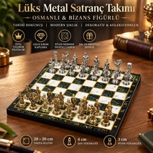 Elifeshop Lüks Metal Satranç Takımı Osmanlı Bizans Figürlü Krom Yeşil Mermer Desenli 20X20 Premium Hediye Seti