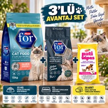 Flexi For Hiper Premium 15 kg Somonlu Kısırlaştırılmış Kedi Maması + 5 L Bentonit Kedi Kumu + 30'lu Pati Temizleme Mendili 3'lü Avantaj Set