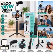 Jolita iPhone 16 Uyumlu Profesyonel Vlog Çekim Seti Tripod Selfie Stick – LED Işık, Harici Mikrofon ve Bluetooth Kumandalı