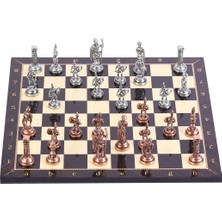 Gift Home Orta Boy Metal Roma Satranç Takımı Antik ve Ceviz Desenli MDF Ahşap Satranç Tahtası (37x37 cm.)