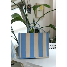Moom Bag Ekru Çizgi Doku Çift Kulp Büyük Boy Keten El Çantası