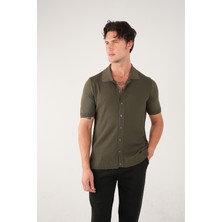 Allunique Haki İnce Örgü Kısa Kollu Rayon Yazlık Triko Gömlek