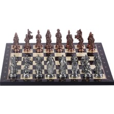 Gift Home Büyük Boy Metal Osmanlı Bizans Satranç Takımı Antik ve Ceviz Desenli MDF Ahşap Satranç Tahtası (37x37 cm.)