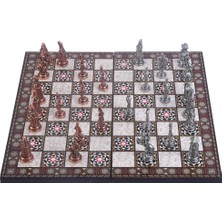 Gift Home Büyük Boy Metal Osmanlı Bizans Satranç Takımı Antik ve Katlanır Sedef Desenli MDF Ahşap Satranç Tahta (43x43 cm.)