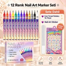 12 Renk Ince Uçlu Nail Art Kalemi Seti, Cam Tırnak Törpüsü ve Tırnak Stickerı