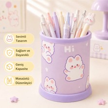 Marvielle Sevimli Mor Tavşan Desenli Masaüstü Kalemlik, Geniş Kapasiteli Kırtasiye Organizer - Kalem Kutusu
