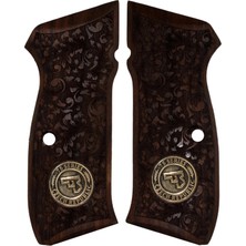 Makgrips Cz 75 A Lazer Işlemeli Sarı Metal Armalı Ceviz Ağacı Ahşap Tabanca Kabzesi