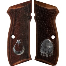 Makgrips Cz 75 A Ayyıldız ve Osmanlı Beyaz Metal Armalı Ceviz Ağacı Ahşap Tabanca Kabzesi