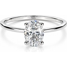 Klazo Jewelry 925 Ayar Gümüş Rodyum Kaplama Oval Kesim Minimal Tektaş Kadın Yüzük