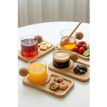Fıre Kıng Panda 6'lı Bambu Tabaklı Cam Borosilikat Mantar Kulplu Bardak 150 ml Cam Kahve Bardağı