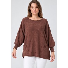 Etki Moda Kadın Italyan Stil Yarasa Kol Yanı Yırtmaçlı Cep Detaylı Oversize Triko Bluz