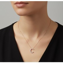 Can Kuyumcusu Rose Gold Renkli 925 Ayar Gümüş Zirkon Taşlı C Harfi Kolye - Isimli Minimal Işıltılı Kadın Kolye
