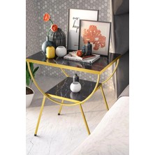 Quattro Home Gold Metal Yan Sehpa Bendir Siyah Mermer Desenli