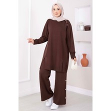 Frx Düğme Detaylı Tunik Pantolon Triko Takım Kahve
