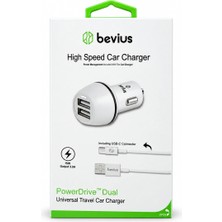 Teknotok Type-C Beyaz 15W Çift USB Kablolu Araç Şarj Cihazı Bevius BVS-AU515