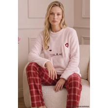 Siyah İnci Pembe Nakışlı Üst Wellsoft Alt Polar Kışlık Örme Pijama Takım 26221726
