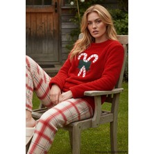 Siyah İnci Kırmızı Nakışlı Yılbaşı Temalı Üst Wellsoft Alt Polar Kışlık Örme Pijama Takım 26221717