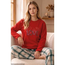 Siyah İnci Kırmızı Nakışlı Alt-Üst Polar Kışlık Örme Pijama Takım 26222122