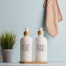 Lotion 2'li Beyaz Mutfak Sıvı Sabunluk Seti 500 ml + 500 ml Bambu Tepsili