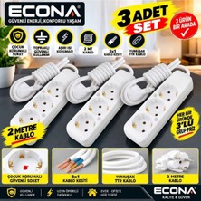 Econa 3 Adet--3,lü Topraklı Grup Priz 2 Metre Kablolu - 3 Adet Çoklu Priz Seti (3x1 Mm² Esnek Yumuşak Ttr Kablo)Beyaz Uzatma Prizi Çoklu Priz