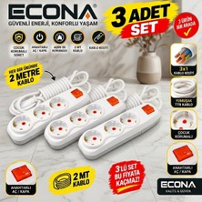 Econa 3 Adet-3'lü Anahtarlı Grup Priz 2 Metre Kablolu - Çocuk Korumalı Topraklı Uzatma Prizi (3x1 Mm² Yumuşak Ttr Kablo)Beyaz Çoklupriz