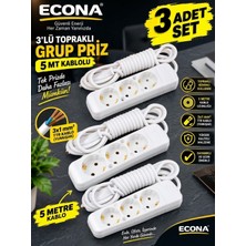 Econa 3 Adet-3 Soketli Topraklı Grup Priz 5 Metre Kablolu - 3 Adet Çoklu Priz Seti (3x1 Mm² Esnek Yumuşak Ttr Kablo) Beyaz Çoklu Priz Uzatma Kablosu