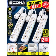 Econa 3 Adet--6'lı Topraklı Grup Priz 2 Metre Kablolu - Çoklu Uzatmalı Priz Seti (3x1 Mm² Yumuşak Ttr Kablo) Beyaz Uzatma Kablosu,çoklu Priz
