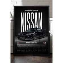 Duvarda Nissan Gtr R34 Siyah Ahşap Çerçeveli Poster, Dekoratif Araba Duvar Tablosu