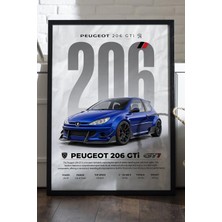 Duvarda Peugoet 206 Gtı Siyah Ahşap Çerçeveli Poster, Dekoratif Araba Duvar Tablosu
