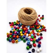 100 gr Karışık Renkli Ahşap Boncuk Seti 10 mm Yaklaşık 300 Adet + Jüt Ip El Işi Takı Hobi Seti