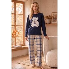 Siyah İnci Lacivert Nakışlı Alt-Üst Polar Kışlık Örme Pijama Takım 26222124