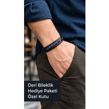 Herşey Nota Koralven Bluebead Mavi Boncuklu Siyah Deri Erkek Bileklik - Ince Çift Kordon