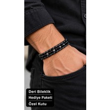 Herşey Nota Rovellis Steelorb Siyah Deri Erkek Bileklik - Füme Metalik Boncuklu Kordon