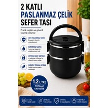 Marvielle 2 Katlı 1.2 Litre Paslanmaz Çelik Sızdırmaz Kapaklı Yemek Taşıma Kabı - Termos