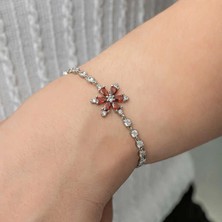 Moncuk Design Gümüş Kırmızı Lotus Çiçeği Su Yolu Kadın Bileklik