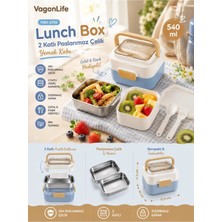Marvielle Mavi 540 ml Çatal Kaşıklı 2 Katlı Paslanmaz Çelik Yemek Kabı - Beslenme Çantası