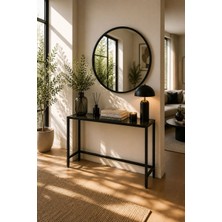 HADİD METAL DİZAYN Modern Metal Dresuar ve Yuvarlak Duvar Aynası Seti 90X90X30 cm + 60 cm Dekoratif Ayna – Siyah