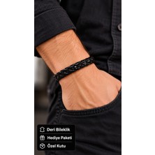 Herşey Nota Noctaren Twinbraid Siyah Deri Erkek Bileklik - Çift Sıra Kalın Örgü Model